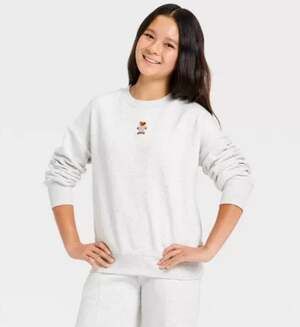 Girls' Embroidered Bear Oversized Fleece Crew Sweatshirt - Gray